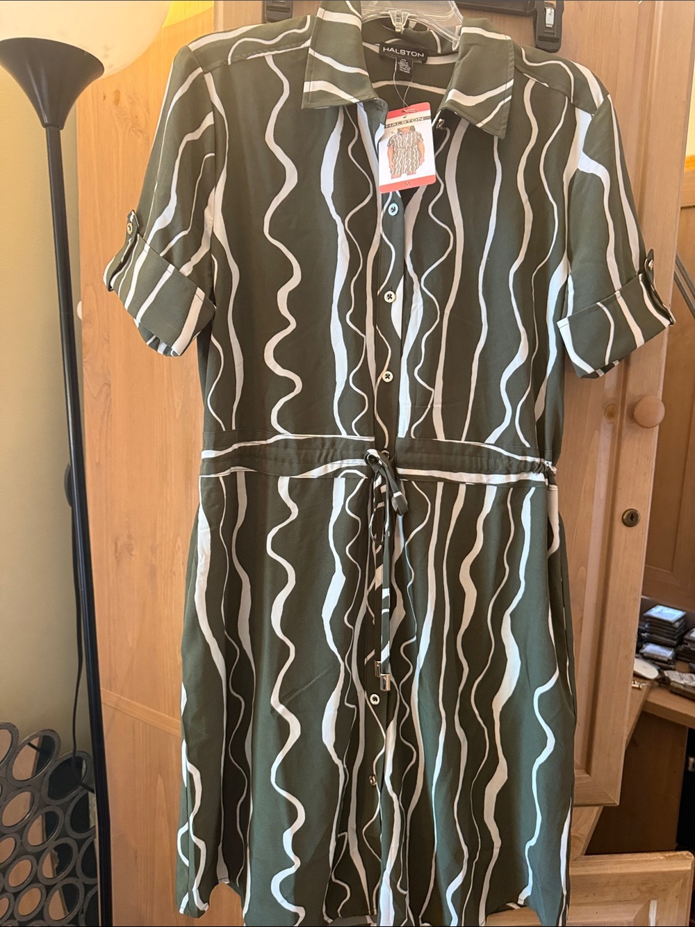 Halston Heritage Olive Green & White Wavy-Stripe Shirt Dress